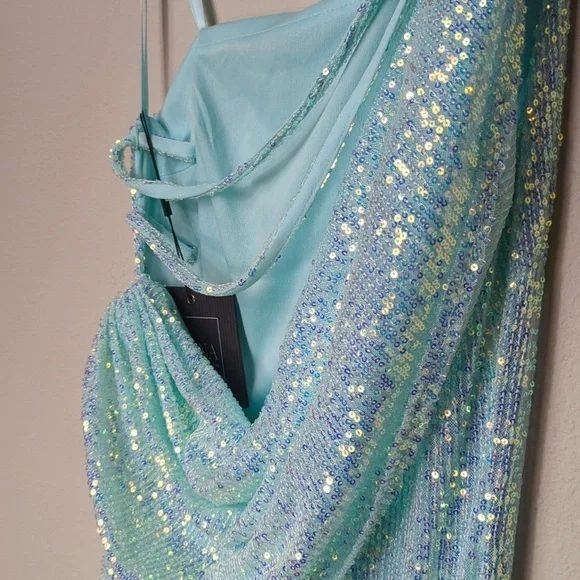 Ieena For Mac Duggal Gown Womens Size 0 Icey Blue Dress Sequined One Shoulder - Picture 10 of 15